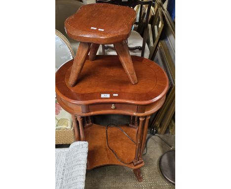 SINGLE DRAWER YEW WOOD KIDNEY SHAPED TABLE WITH TRIPOD LEG STOOL     