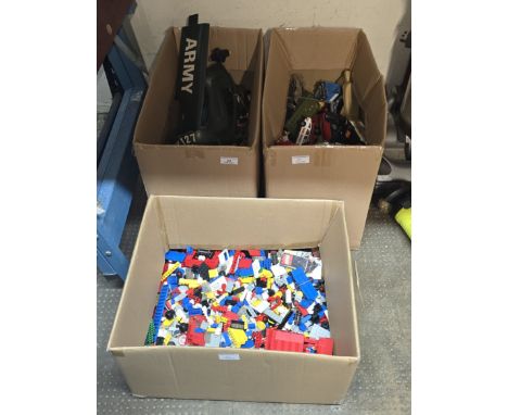 3 BOXES OF VARIOUS TOYS COMPRISING ACTION MAN ACCESSORIES, TOY VEHICLES AND QUANTITY OF VINTAGE LEGO