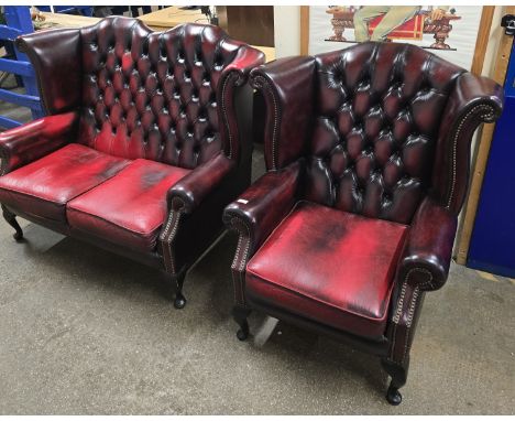 OX BLOOD CHESTERFIELD BUTTON STYLE CAMEL HUMP BACK WING BACK CHAIR AND MATCHING 2 SEATER COUCH     