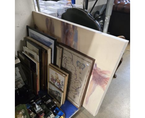 QUANTITY OF VARIOUS FRAMED PICTURES, SEWING MAP TAPESTRY ETC