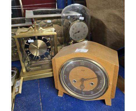 3 MANTLE CLOCKS COMPRISING SMITHS ASH CASED ENFIELD MANTLE CLOCK, GLASS DOME CLOCK &amp; GERMAN SCHATZ BRASS BOUND MANTLE CLO