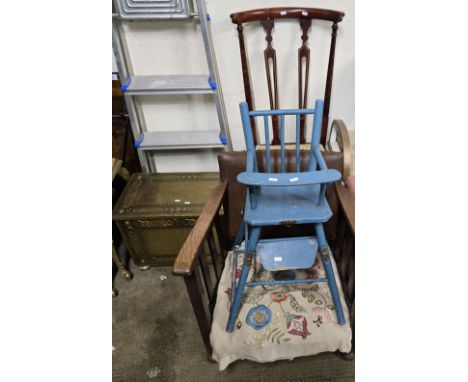 OAK FRAMED CHILDS CHAIR, MAHOGANY FRAMED BEDROOM CHAIR, HIKO DOLLS HIGH CHAIR, BRASS CELTIC STYLE COAL BOX