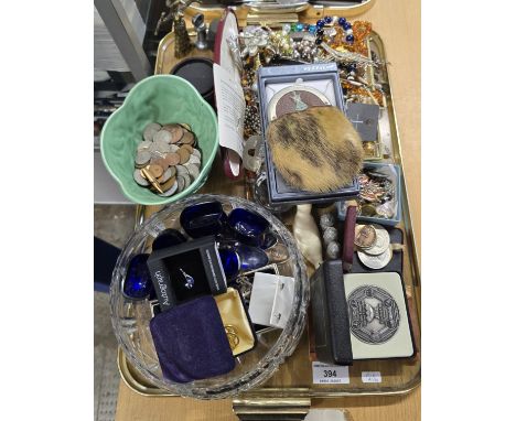 TRAY CONTAINING CUT CRYSTAL BOWL, SYLVAC BOWL, VARIOUS COSTUME JEWELLERY, COINS, ROSEBERRY CUP MEDAL, ETC