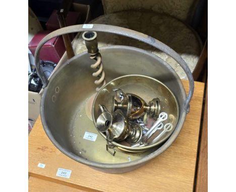 BRASS JELLY PAN, BRASS TWIST CANDLESTICK, BRASS DOUBLE HANDLED BOWL, PAIR OF BRASS VASES, PAIR OF STIRRUPS