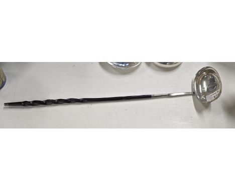 GEORGIAN SILVER SAUCE LADLE WITH GEORGIAN 1787 COIN MOUNTED SILVER SAUCE BOAT WITH TWIST HANDLE AND SILVER MOUNTS     
