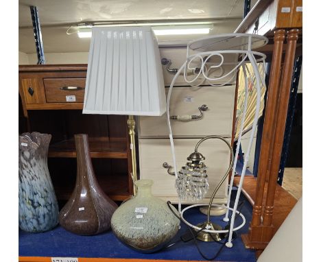 3 COLOURED GLASS VASES, MODERN LAMP &amp; SHADE, CRYSTAL DROP SHADED LAMP, METAL FRAMED PLANT STAND