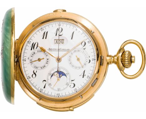 Jaeger-LeCoultre Taschenuhr mit Minutenrepetition, Chronograph und DatumSchweiz, um 190018kt Gold, transluzides türkises Emai