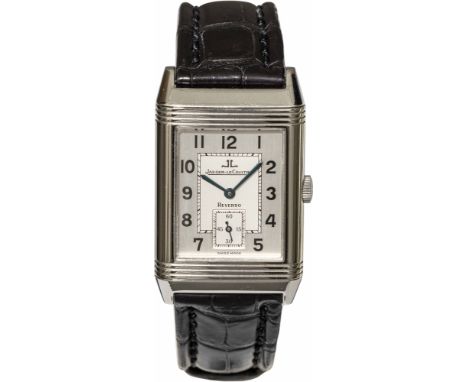 Jaeger-LeCoultre Armbanduhr "Reverso Grande Taille"2000er JahreEdelstahl, Leder; Saphirglas, silberfarbenes Zifferblatt mit k