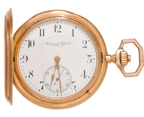 IWC SchaffhausenTaschenuhrSchweiz, Anfang 20. Jh.14kt Gold; Kronenaufzug, Savonette mit Sonnenstrahl-Guillochierung; Emailzif