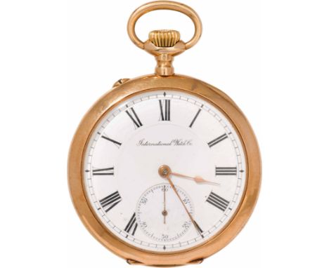 IWC SchaffhausenTaschenuhrSchweiz, um 188014kt Gold; Kronenaufzug; Emailzifferblatt mit kleiner Sekunde; rückseitig moosguill