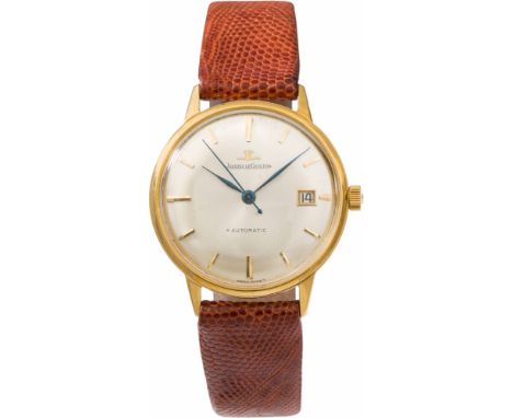 Jaeger-LeCoultre Armbanduhr1960er/70er Jahre18kt Gold, Leder; Kunststoffglas, silberfarbenes Zifferblatt mit Datum, Goldgehäu