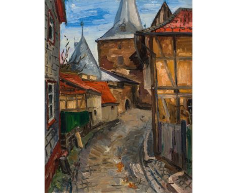 Rudolf WackerAm breiten Tor (Goslar)1932Öl auf Karton; gerahmt65 x 50 cmMonogrammiert und datiert rechts unten: RW / 32Rückse