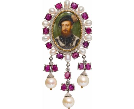 Portraitbrosche bzw. -anhänger mit Rubinen und Perlen2. Hälfte 20. Jh.18kt Gold, pinke Saphire im Ovalschliff mit insgesamt c