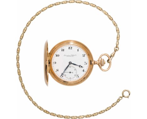 IWC SchaffhausenTaschenuhr mit KetteSchweiz, Anfang. 20. Jh.14kt Gold; guillochierte Savonette; Emailzifferblatt mit kleiner 