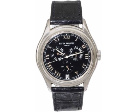 Patek PhilippeArmbanduhr "Annual Calendar"1990er JahrePlatin, Leder, Edelstahl; Saphirglas, schwarzes Zifferblatt mit Datum, 