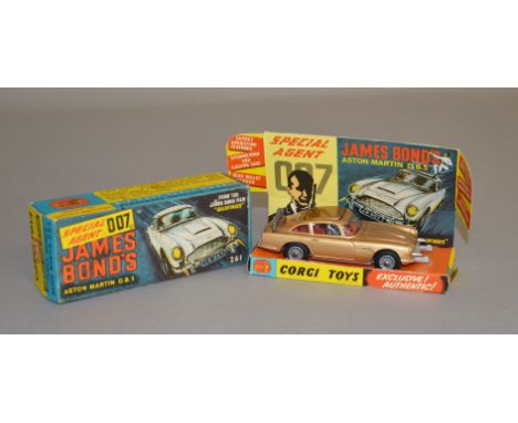 Corgi 261 James Bond 'Goldfinger' Aston Martin DB5 in gold with red interior, wire wheels and Bond and Bandit figures. Model 