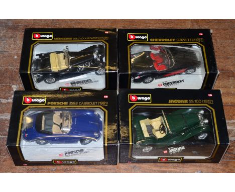 Four boxed Bburago diecast model cars in 1:18 scale together with a boxed 1967 Corvette by ERTL in a similar scale. Overall m