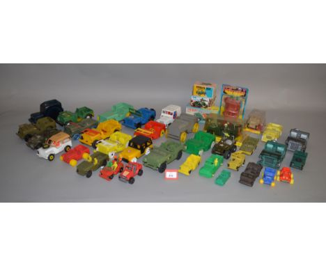 Six boxed/carded Jeep models of plastic or tinplate construction, by Marx and others,some with clockwork mechanisms. Overall 