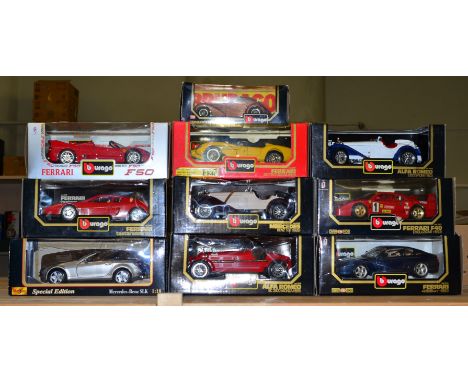 Eight boxed Bburago 1:18 scale diecast model cars and a boxed Maisto Special Edition model of a Mercedes-Benz SLK, also in 1: