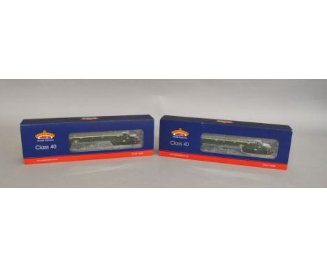 OO gauge, Bachmann, two 32-483 DCC Ready Class 40 Diesel D338 BR green locomotives. Both boxed and E. (2)