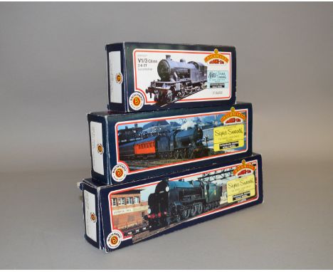 OO gauge, three Bachmann locomotives: 31-606 LNER black 2-6-2T '448'; 31-850 LNER black 0-6-0 '1974'; 31-404 SR green 4-6-0 '