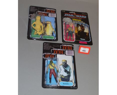 Three Kenner Star Wars 'last 17' 3 3/4" action figures, sealed on reproduction cards: Yak Face; Amanaman; Barada. Some repain