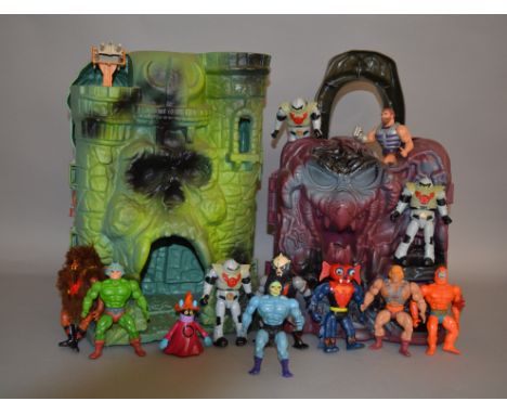 Mattel Masters of the Universe: quantity of action figures; Castle Grayskull; Snake Mountain. Conditions vary.