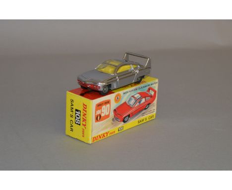 Dinky 108 'Joe 90' Sam's Car, with chrome finish, red engine cover and yellow interior. E with VG inner pictorial stand and G