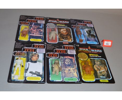 Six Kenner Star Wars 'last 17' 3 3/4" action figures, sealed on reproduction cards: Lumat; Romba; Warok; Paploo; Luke Skywalk