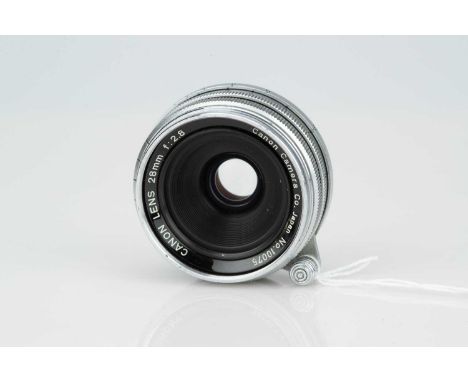 A Canon f/2.8 28mm Lens, A Canon f/2.8 28mm Lens,L39 screw mount, chrome, serial no. 10075, body, G, elements, VG, some very 