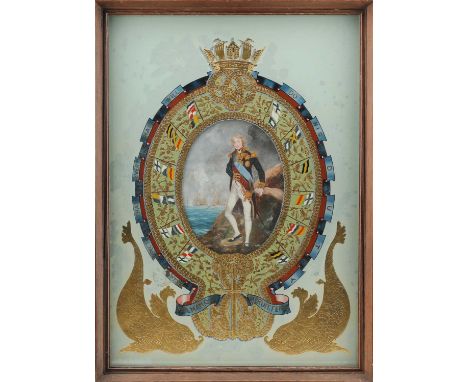 Of Admiral Lord Nelson Interest Of Admiral Lord Nelson InterestA gouache commemorative portrait of Nelson stood ashore with h