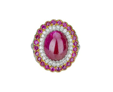 An impressive Indian ruby and diamond dress ring, An impressive Indian ruby and diamond dress ring,the central oval cabochon 