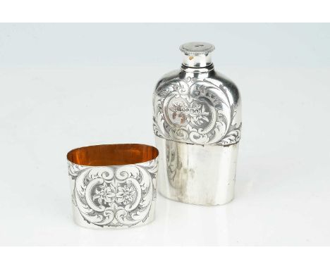 Silver SilverA mid-Victorian hallmarked silver hip-flask, marked Sheffield 1862 by Hakesworth, Eyre &amp; Co., decorated with