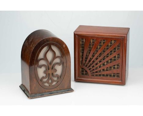 Speakers SpeakersAn Ultra horn shaped amplifying speaker 48 cm H, an Art Deco walnut cased arch top example with fretwork fle