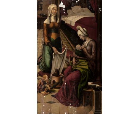 Following 16th century Hispano-Flemish models. 19th century Spanish school."Maternity".Oil on canvas. Sealed board.It shows g