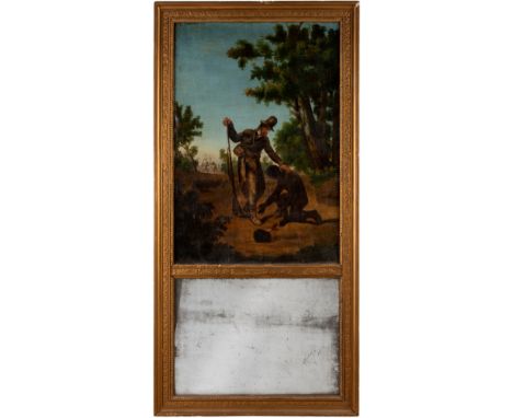 Trumeau mirror of the colonial school, 18th century.Scene painted in oil on canvas. Mirror, wood and gilded plaster.Original 
