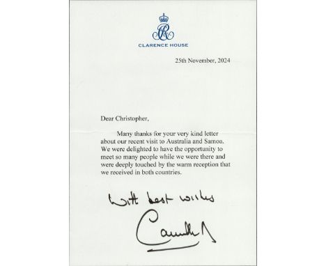 A hand signed letter from the Queen, dated 25 November 2024, referring to her State Visit with the King to Australia and Samo