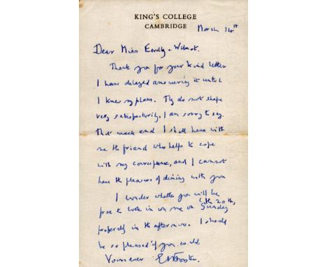 E.M. Forster ( English Author) vintage Kings College Cambridge ALS.  Good condition.  All autographs come with a Certificate 