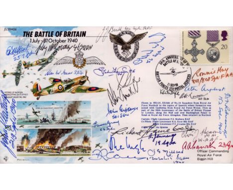 Battle of Britain 20+ fighter pilots signed 50th ann BOB cover. Includes F Carey, A Gawith, R Haine, R Hay, D Robinson, G Leg