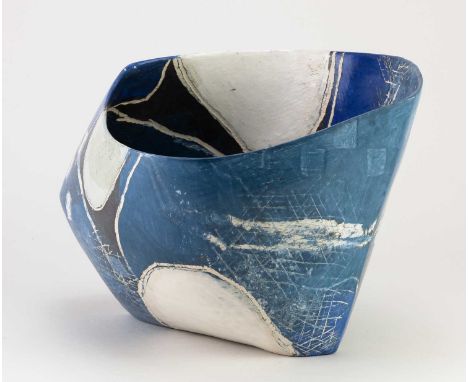 CAROLYN GENDERS (born 1957); 'Blue Chalcedony Vessel', a white earthenware vessel with terra sigillata slip, incised CG and J