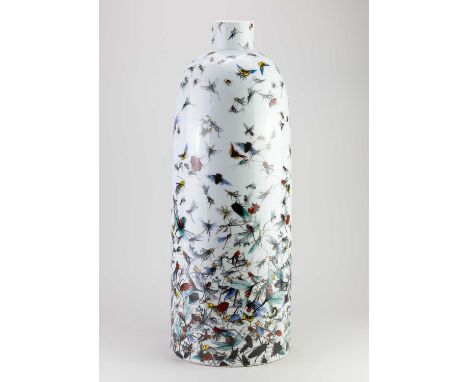 FELICITY AYLIEFF (born 1955); ‘Summer Insects’, a tall porcelain bottle form with onglaze enamel transfers, inscribed signatu