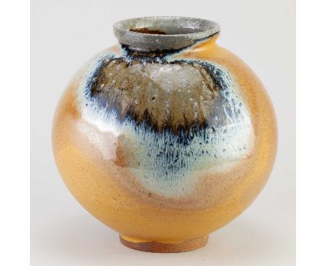 LISA HAMMOND (born 1956); a soda-glazed stoneware moon jar partially covered in titanium slip, incised LH mark, height 23.5cm