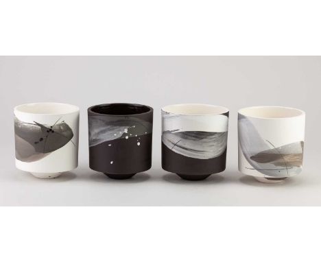HANNAH TOUNSEND (born 1979); 'Print Vessel Grouping No. 7’, a set of four white earthenware vessels with slip and underglaze 