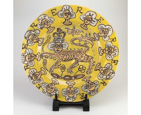 GRAYSON PERRY (born 1960); ‘Platinum Jubilee II’, a glazed slip-trailed ceramic charger, impressed marks, made 2023, diameter