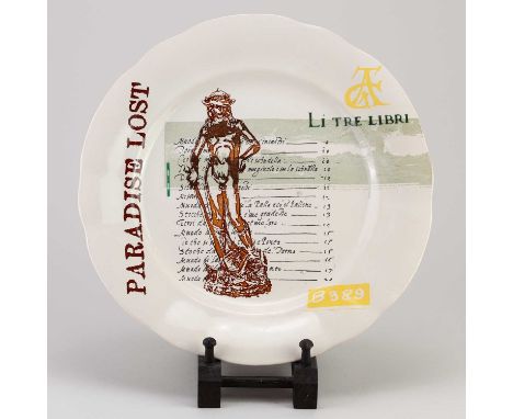 STEPHEN DIXON (born 1957); 'Paradise Lost', a tin-glazed Maiolica earthenware plate decorated with in-glaze transfers, made 2