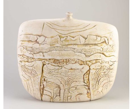 PETER HAYES (born 1946); a large raku bottle with fractured white surface and ochre highlights, inscribed signature, height 3