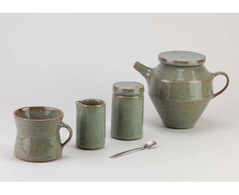 FLORIAN GADSBY (born 1992); ‘Teaware for One’, a stoneware tea set covered in green/grey feldspathic crackle glaze comprising