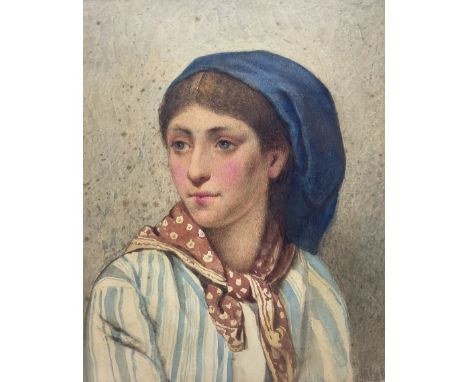 Manner of William Henry Hunt (British 1790-1864): Portrait of a Girl with a Blue Bonnet, watercolour unsigned 27cm x 22cm 