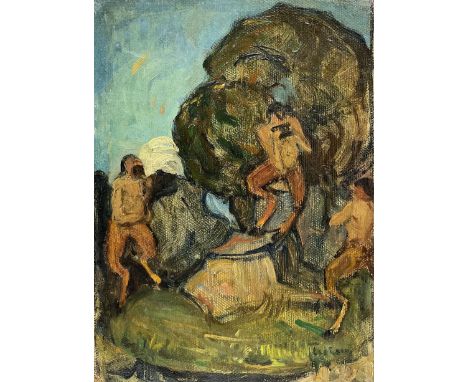 Circle of Ker-Xavier Roussel (French 1867-1944): Fauns in the Forest, oil on canvas laid on to panel indistinctly signed 22cm