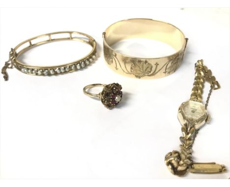 Pearl 12ct gold bangle, an amethyst 9ct gold ring, a 9ct gold bangle bracelet &amp; an Ingersoll gold plated ladies watch